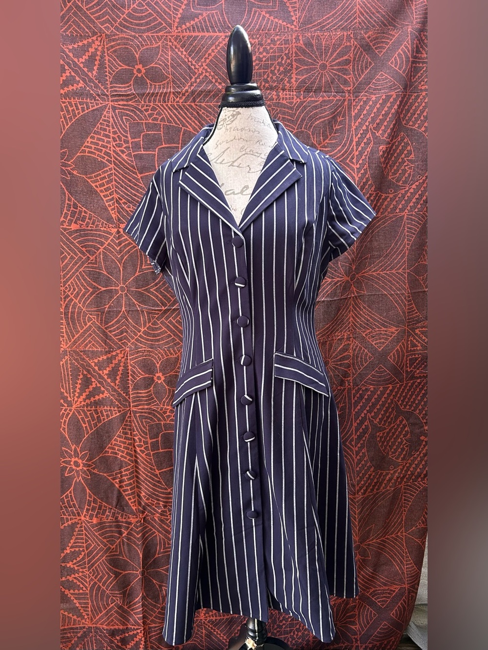 New‎ York & Company Navy and White Pinstripe Button-Front Midi Dress